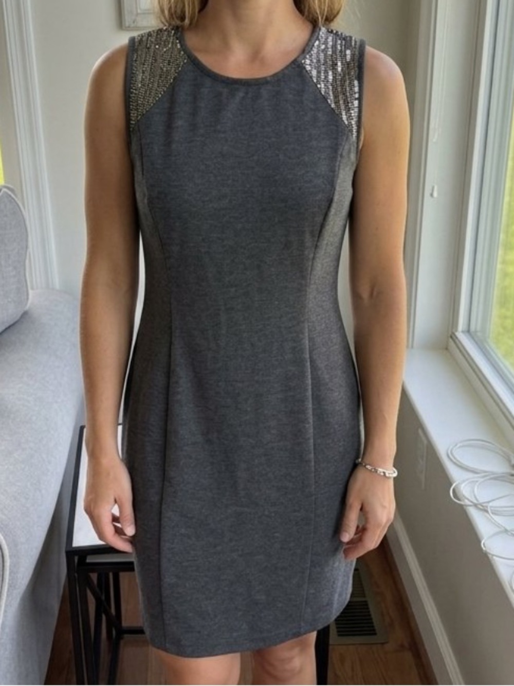 Tinley Road Gray Beaded Shoulder Sleeveless Sheath Dress M